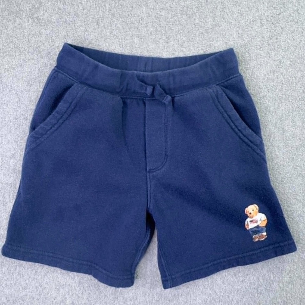 Polo Ralph Lauren Polo Bear Fleece‎ Shorts Boys Size 6 Navy Blue Preppy USA Flag